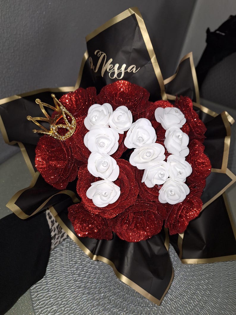 Personalized DIY Glittery Eternal Rose Bouquet with Initial